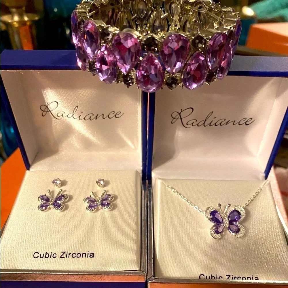 3J: 2 Pc: RADIANCE Earrings: 1 Purple & Butterfly & 1 Pair: Stud, NIB